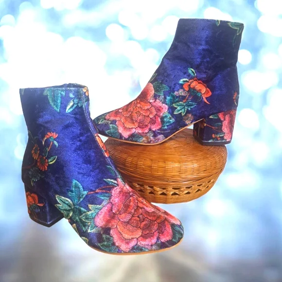Floral Velveteen Fabric Booties Navy/Pink Women's Sz 37/6.5 Boho 60's Hippie - Picture 9 of 9